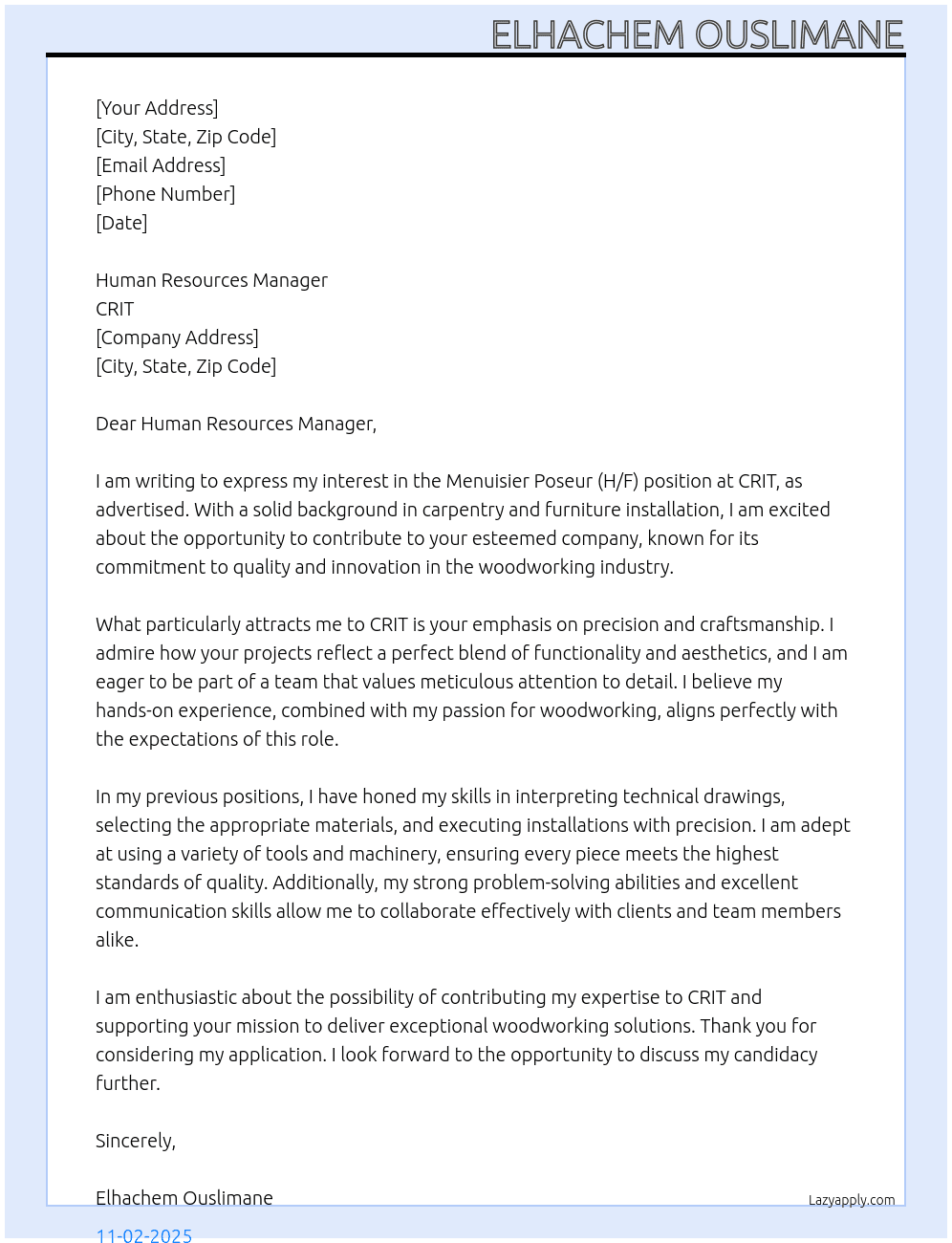 Menuisier poseur (H/F) At CRIT  Cover Letter