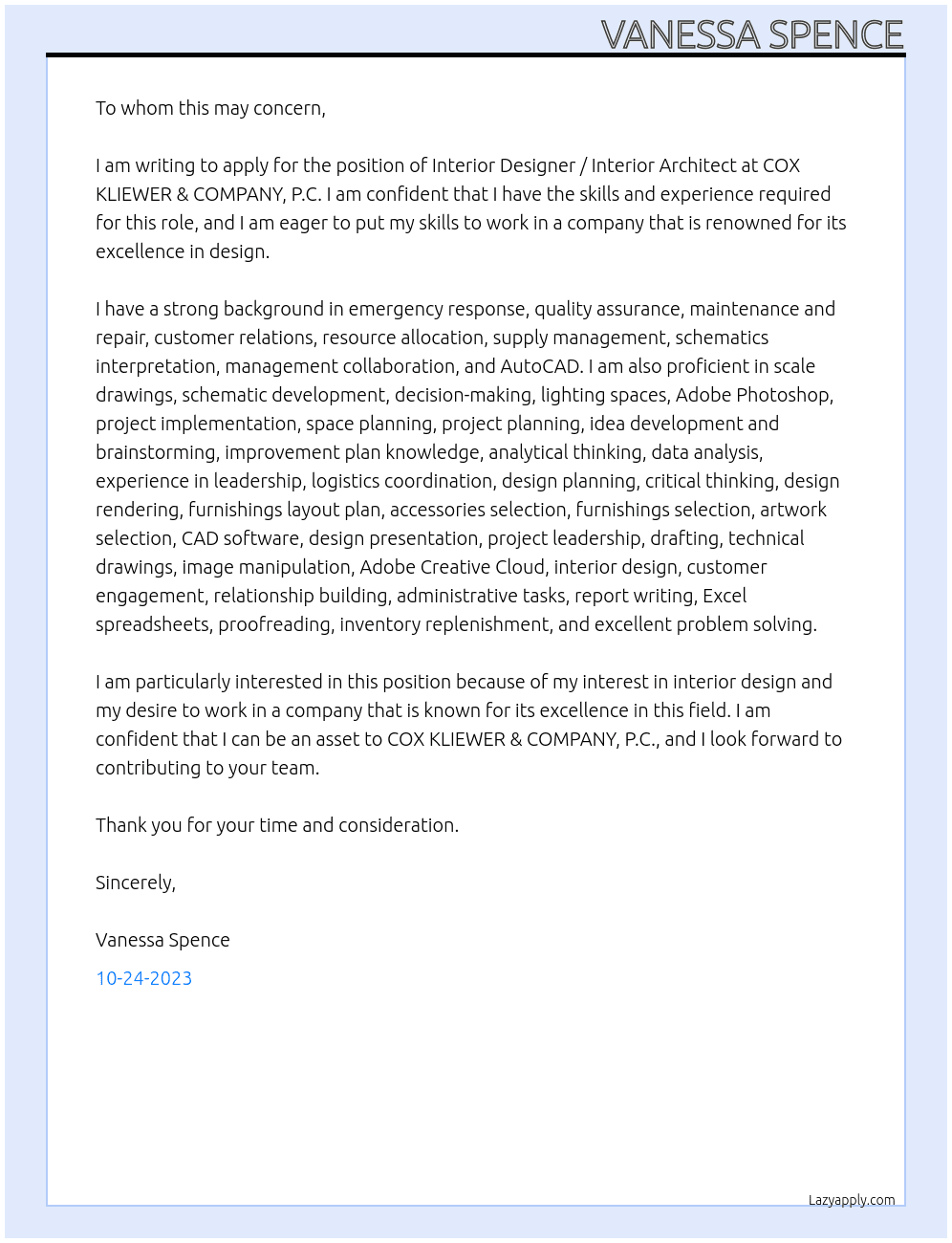 Interior Designer / Interior Architect At COX KLIEWER & COMPANY, P.C. Cover Letter