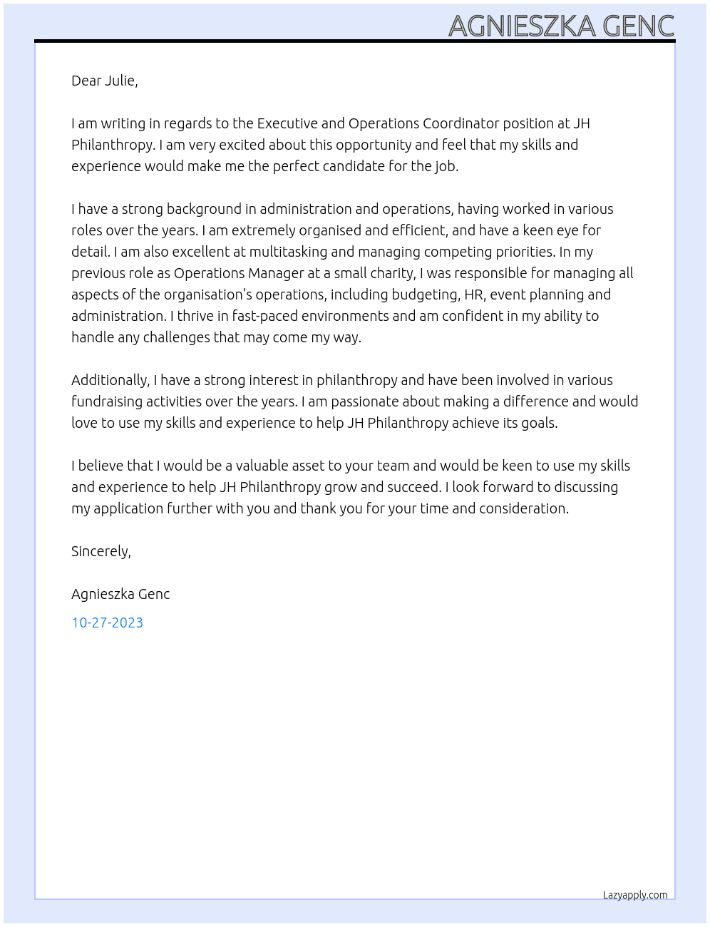 Executive and Operations Coordinator At JH Philanthropy Cover Letter