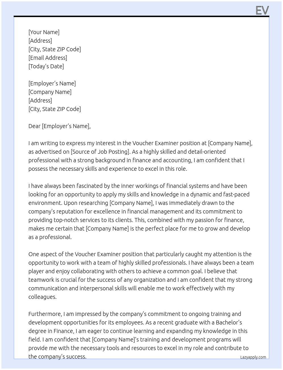 voucher examiner At Ev Cover Letter