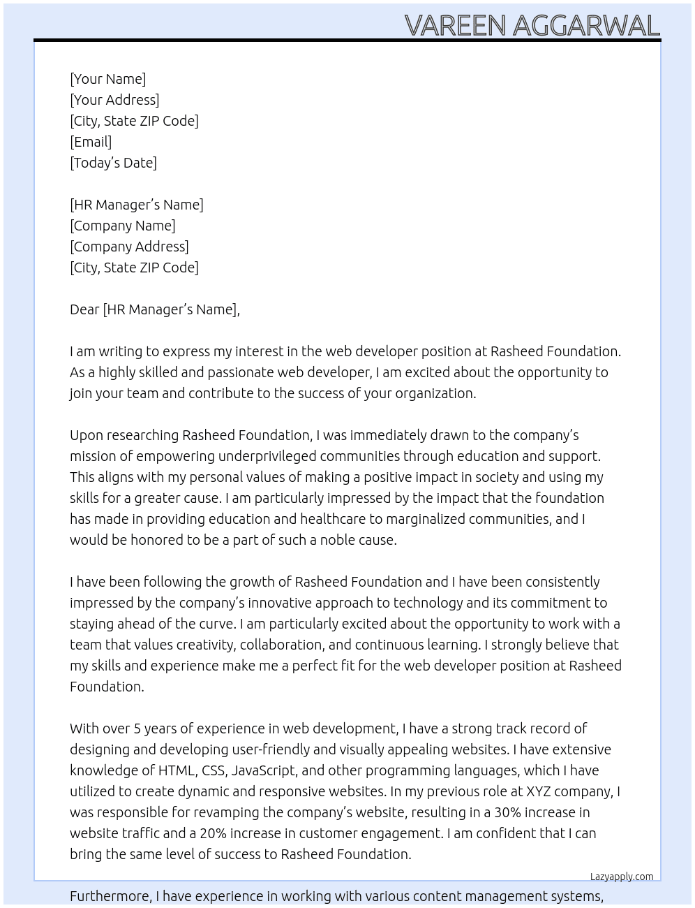 web developer At rasheed foundation Cover Letter