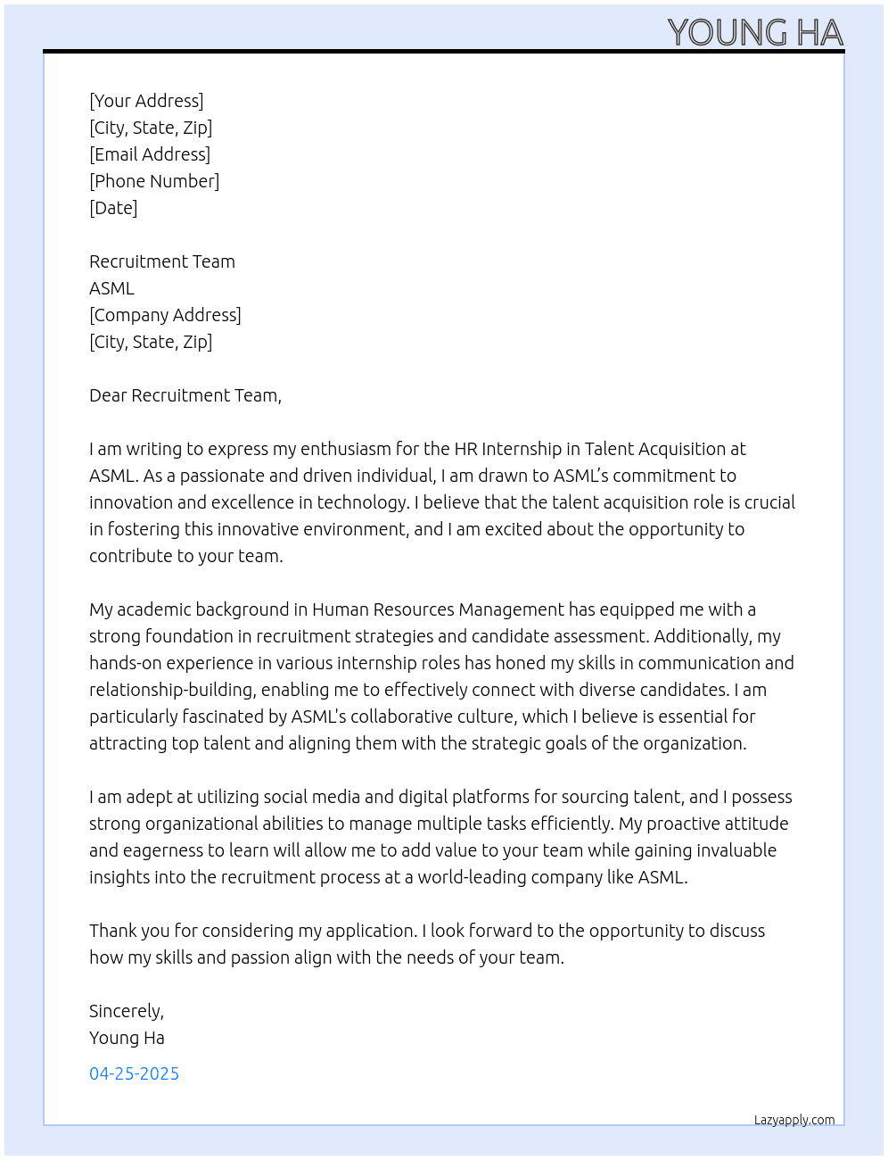 Cover letter for hr internship for talent acquisition - LazyApply