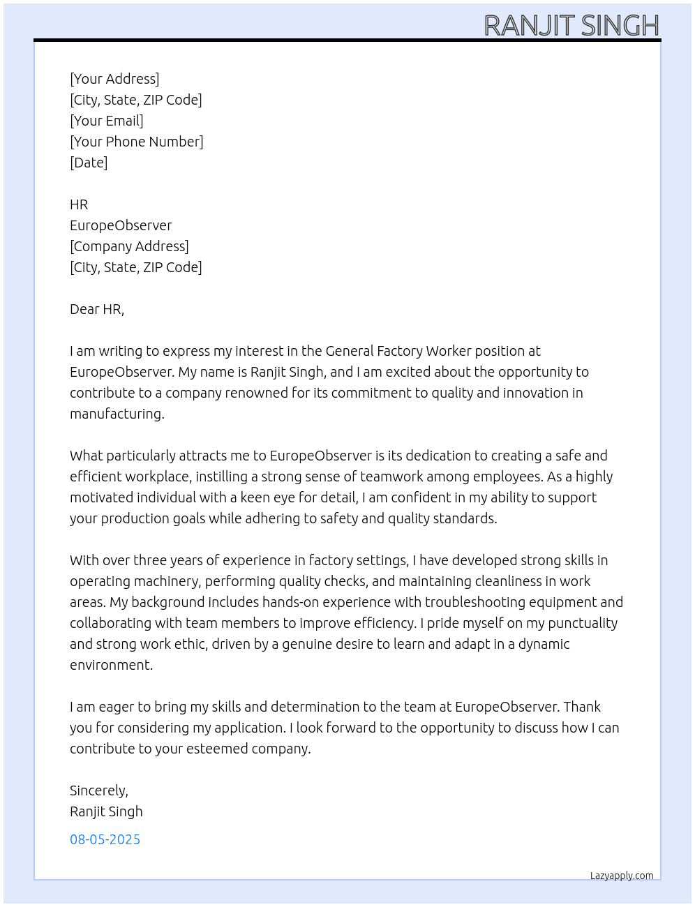 General Factory Worker At europeobserver Cover Letter