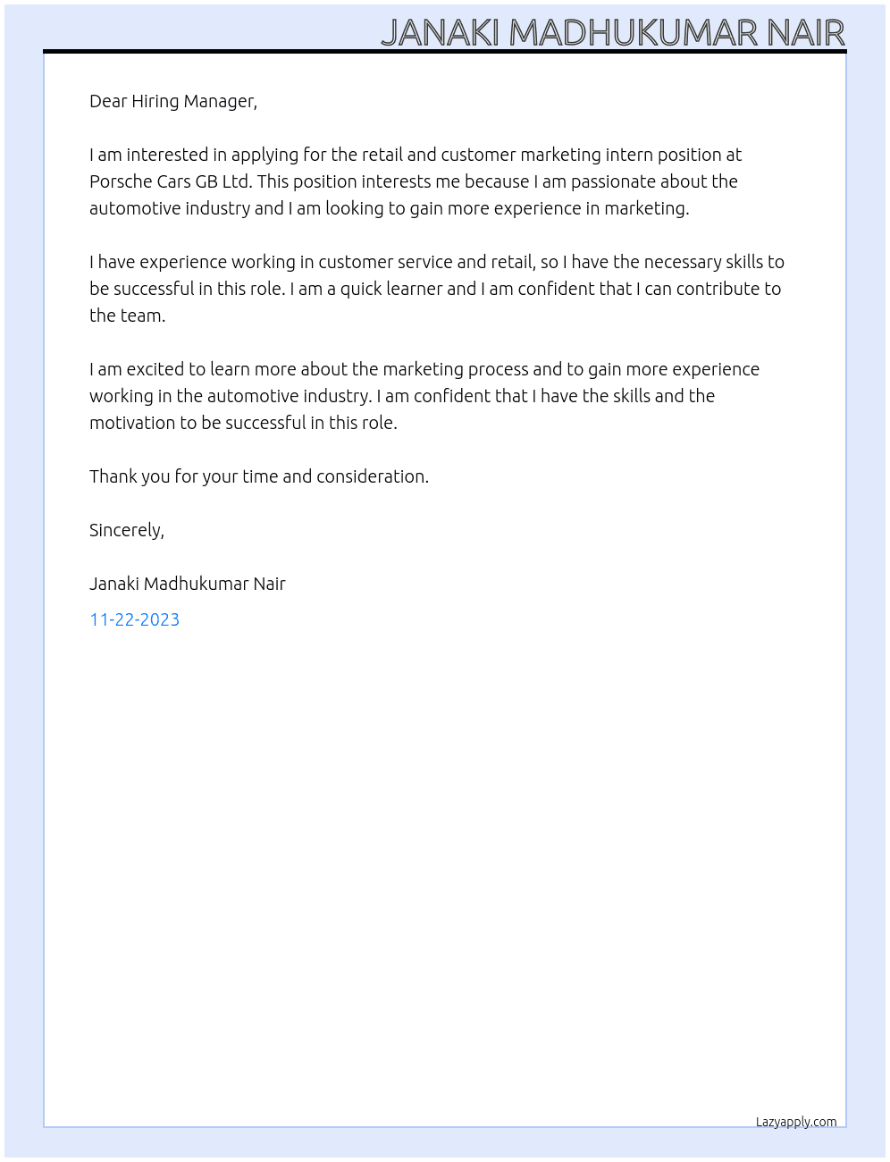 retail and customer marketing intern At Porsche Cars GB Ltd Cover Letter