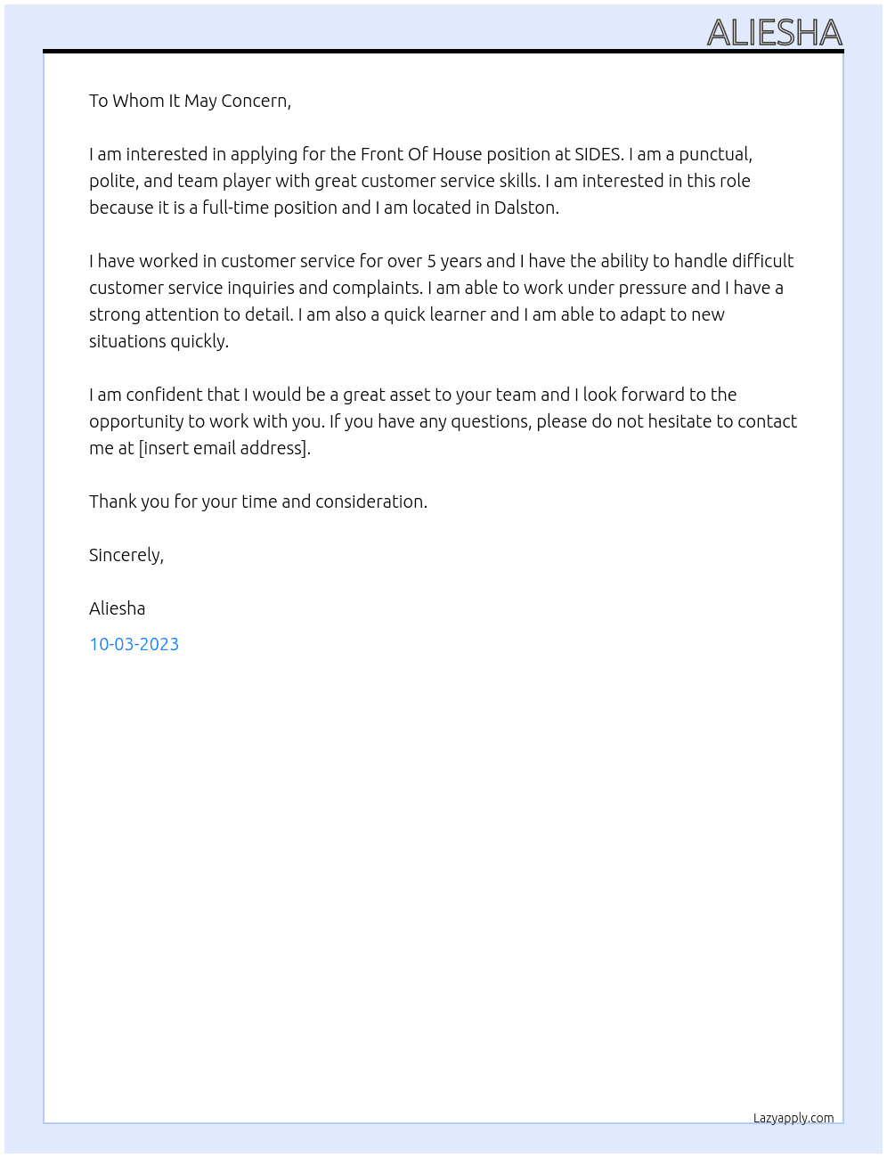 Front Of House At SIDES Cover Letter