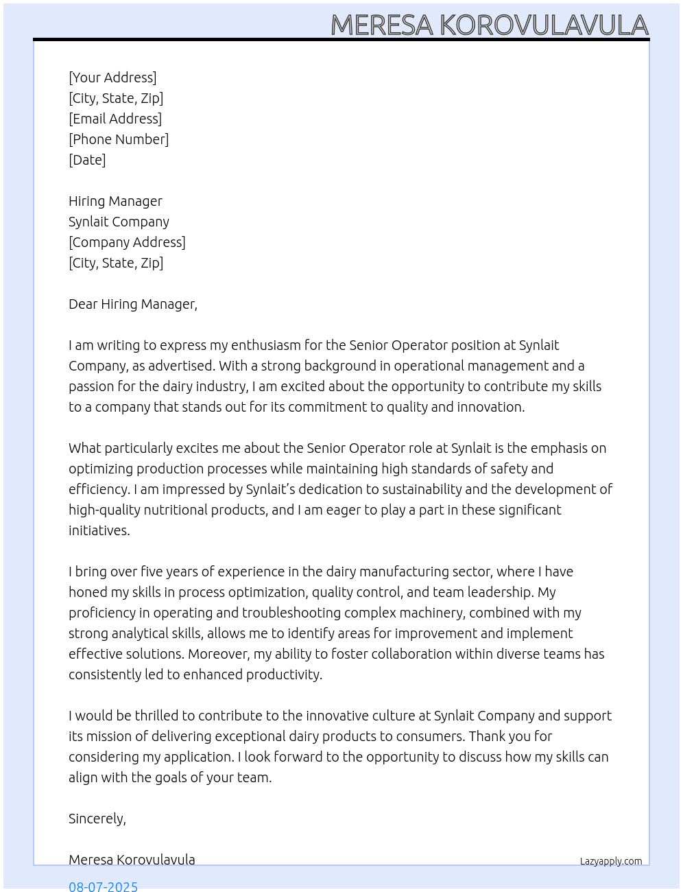Senior Operator At Synlait Company Cover Letter