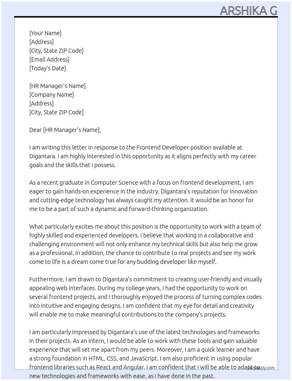 Frontend Developer At Digantara Cover Letter