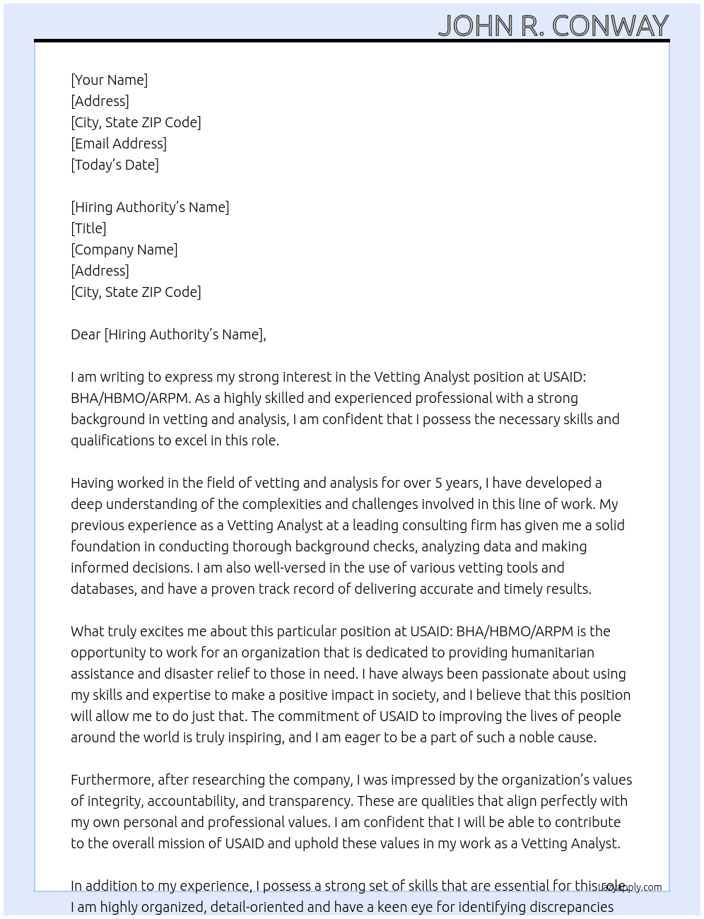 Vetting Analyst At USAID: BHA/HBMO/ARPM Cover Letter