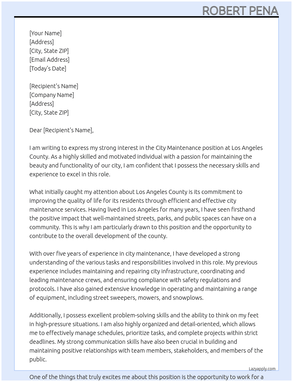 city maintance  At los angeles county Cover Letter