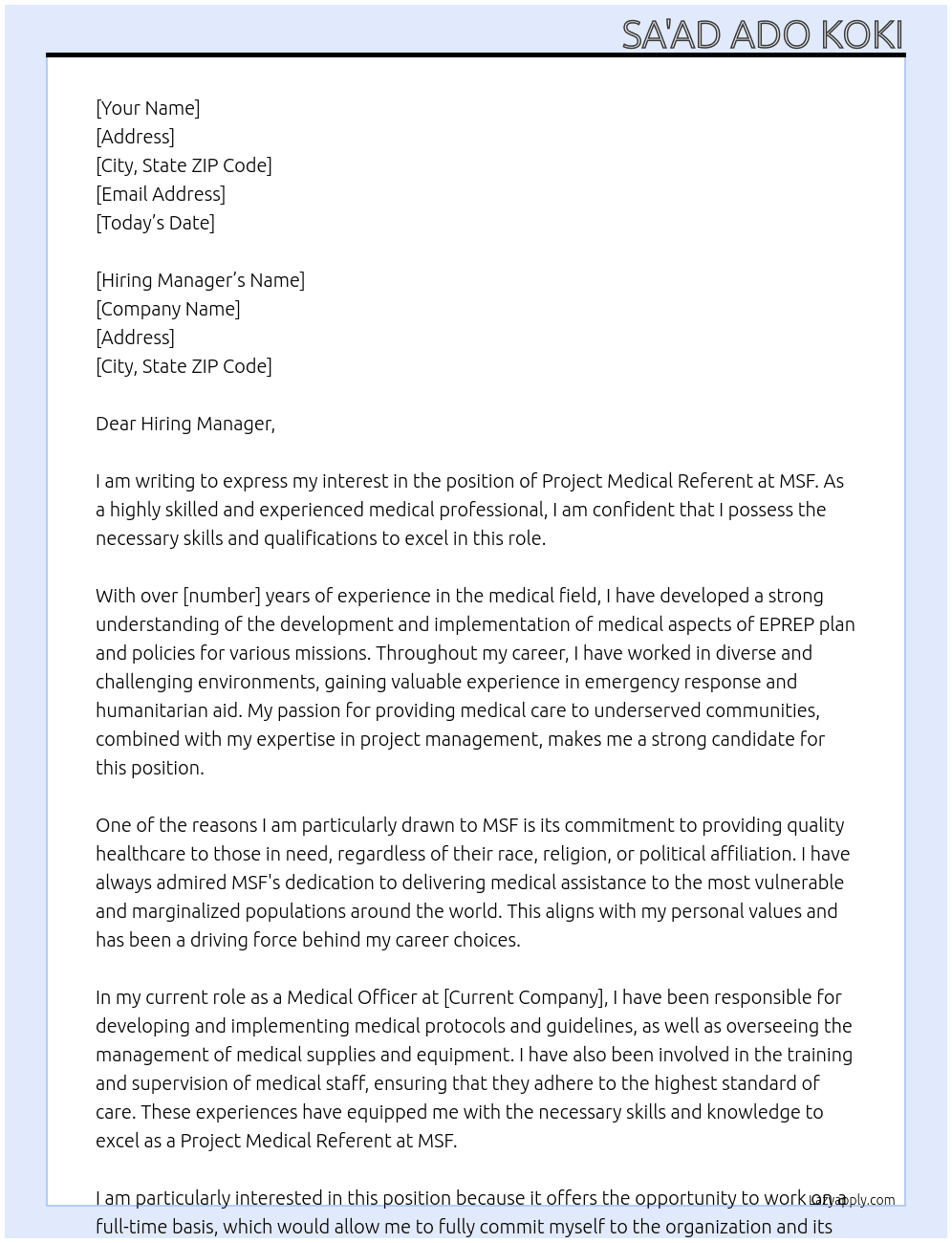 PROJECT MEDICAL REFERENT At MSF Cover Letter