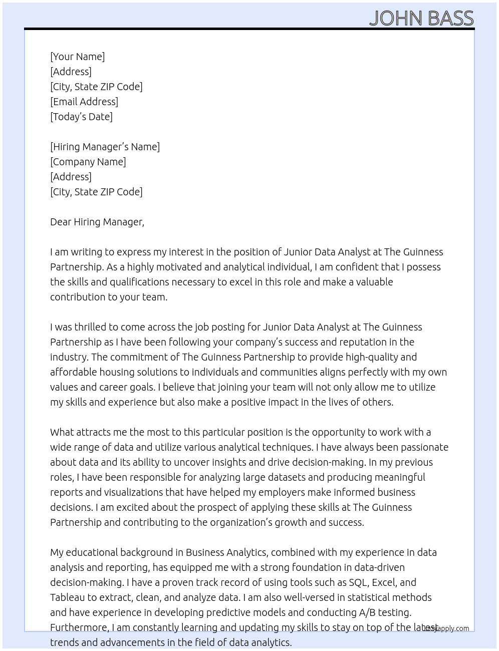 Junior Data Analyst At The Guinness Partnership Cover Letter