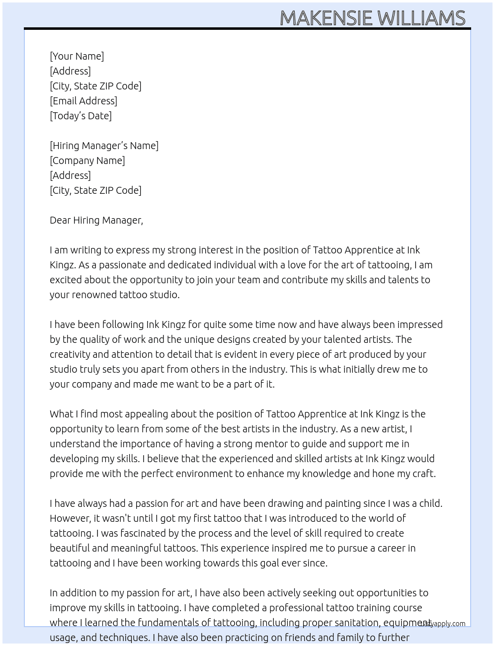 Tattoo Apprentice  At Ink Kingz  Cover Letter