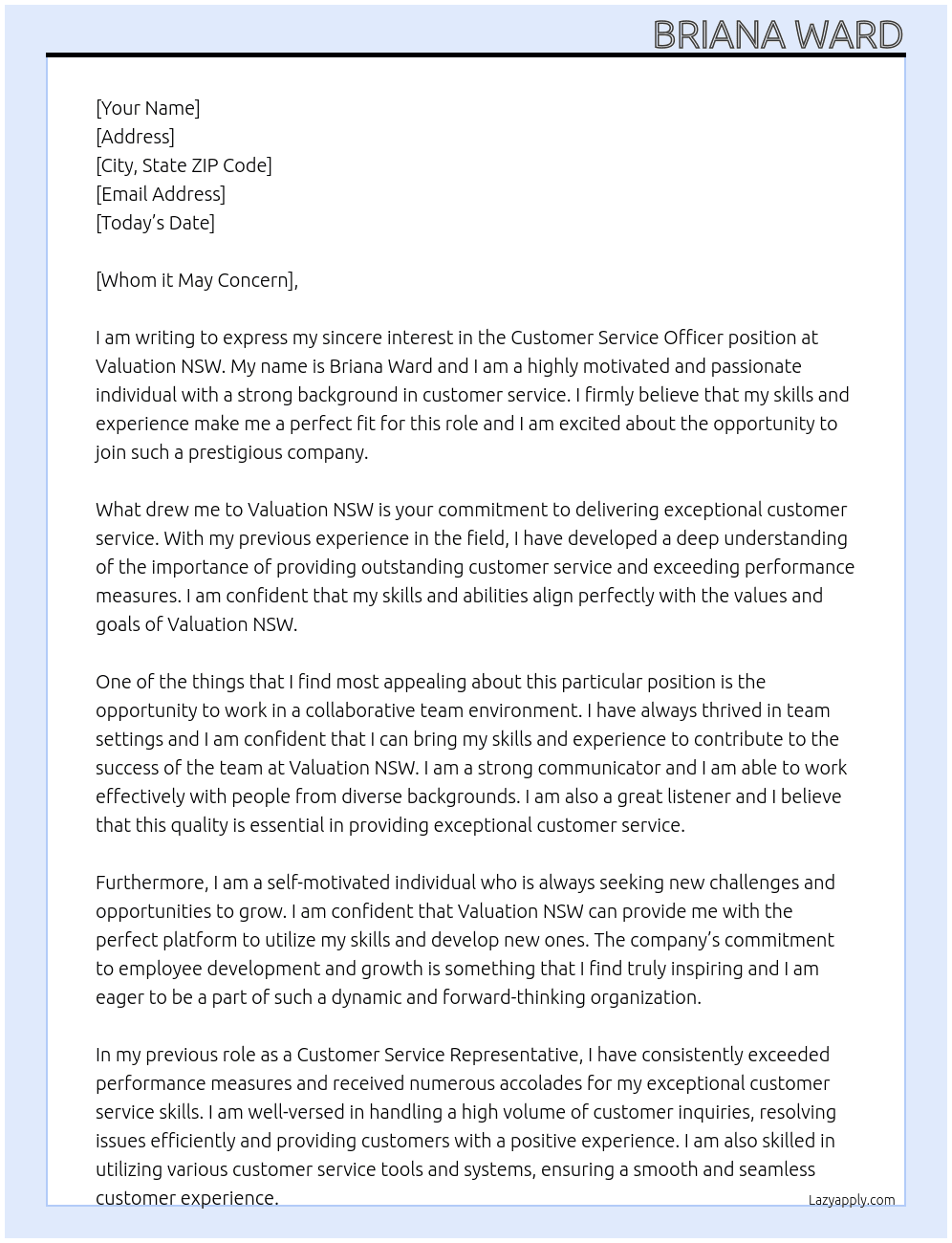 Customer Service Officer At Valuation NSW Cover Letter