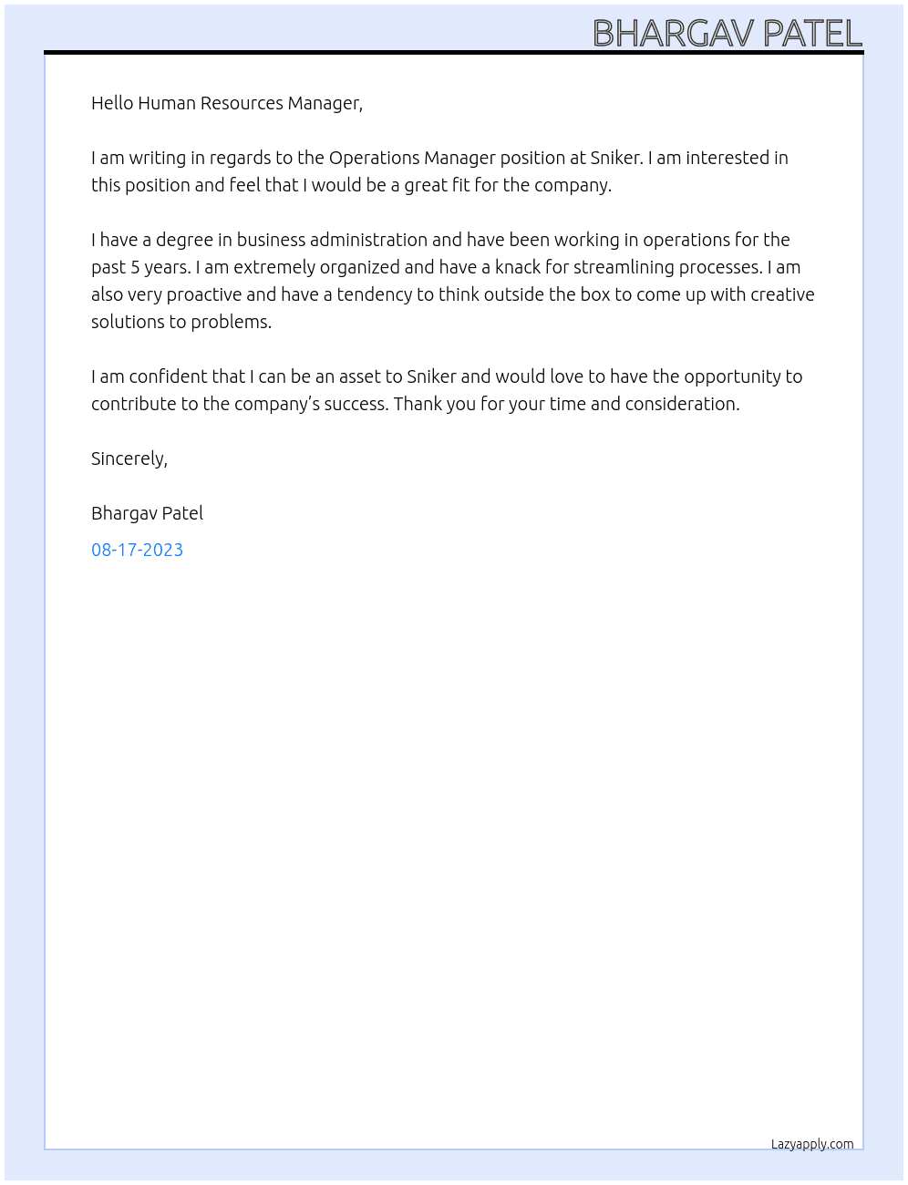 Operation manager  At Sniker  Cover Letter