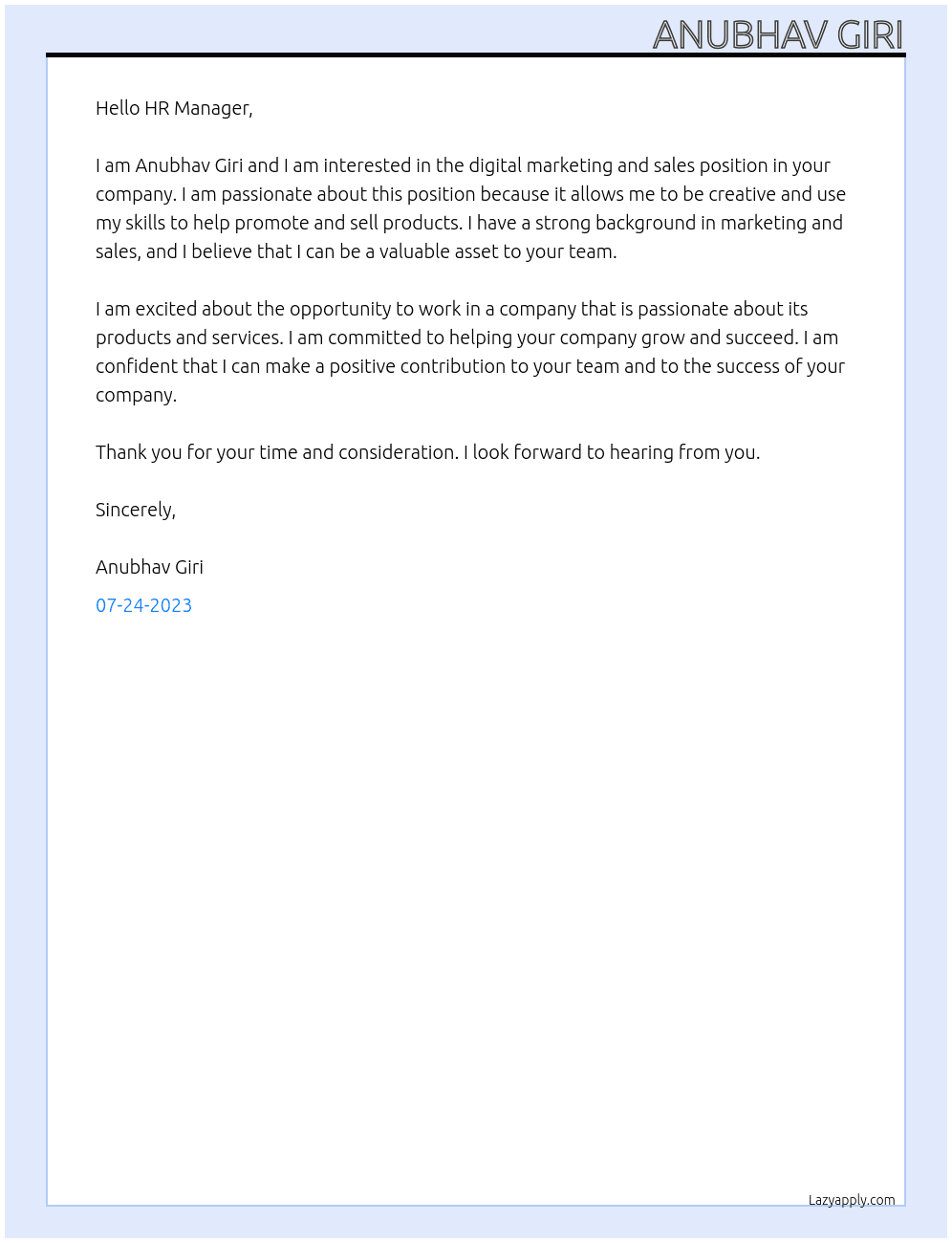 digital marketing and sales At Germany Cover Letter