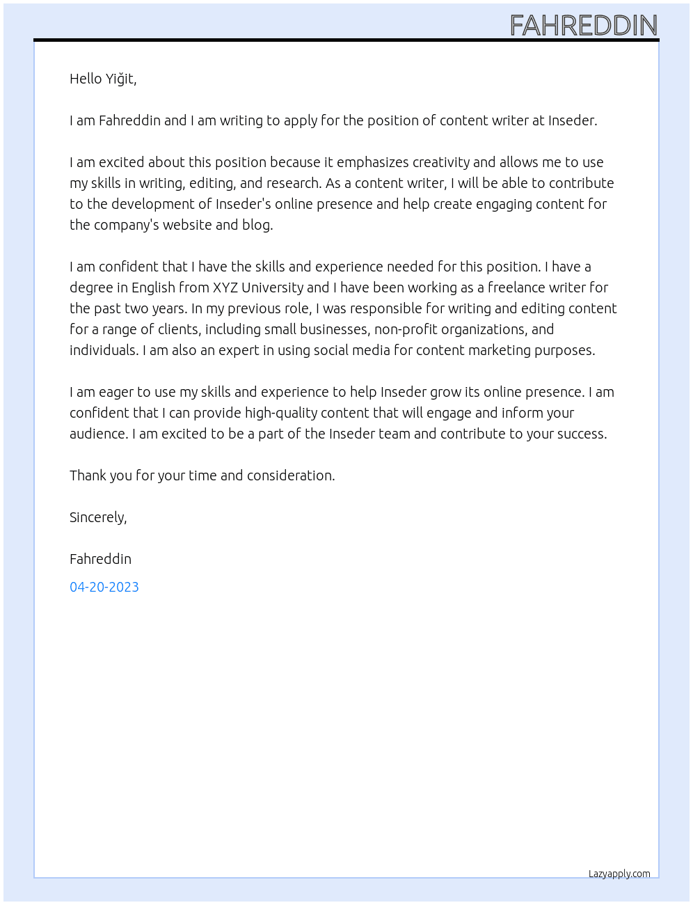 content writer At inseder Cover Letter