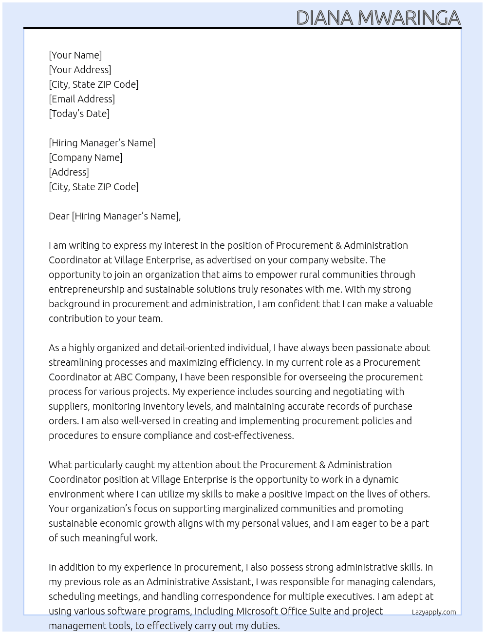 Procurement & Administration Coordinator At Village Enterprise Cover Letter