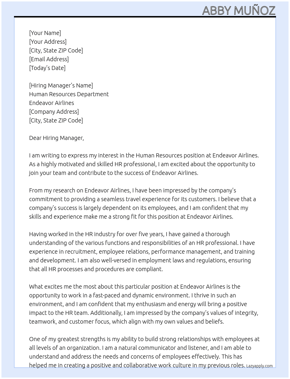 Human Resources At Endeavor Airlines Cover Letter