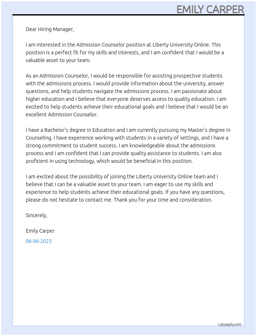 Admission Counselor At Liberty University Online Cover Letter