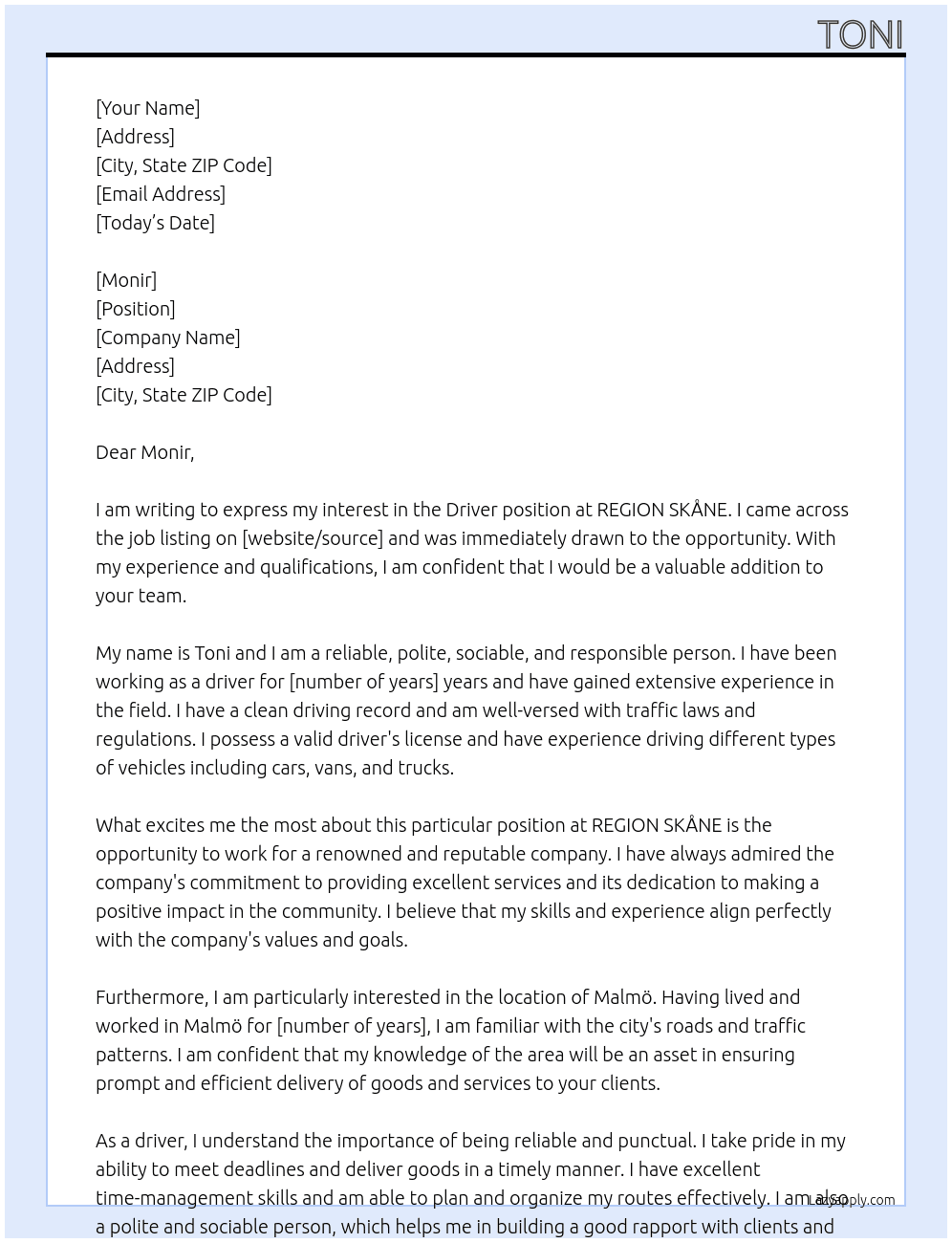 driver At REGION SKÅNE Cover Letter