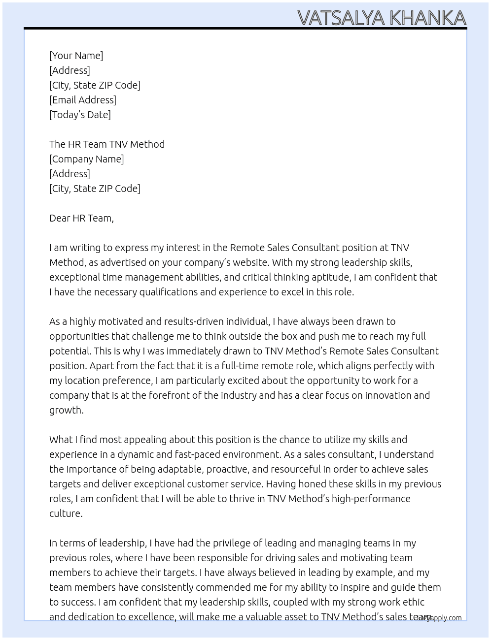Remote Sales Consultant  At TNV Method Cover Letter