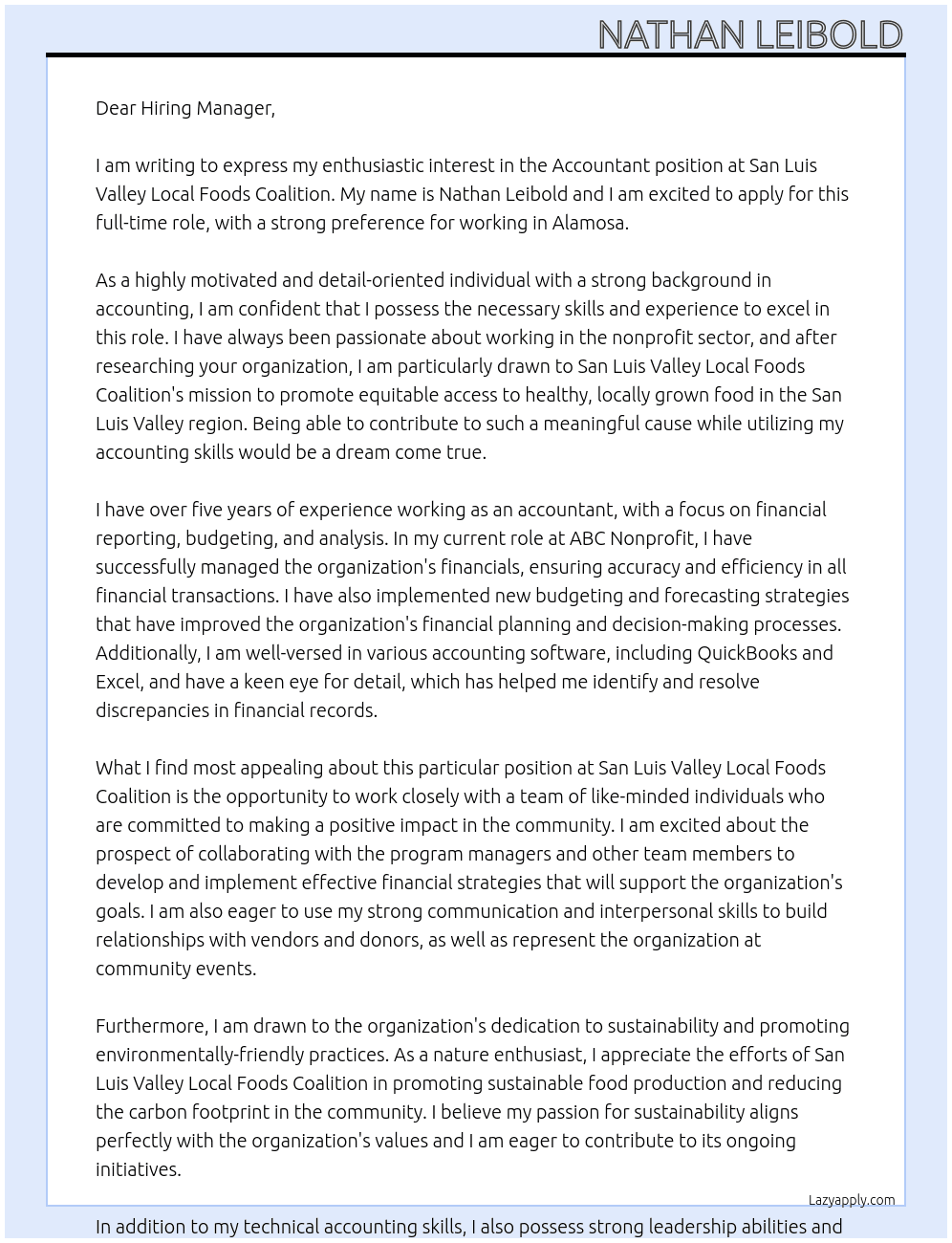 Accountant At San Luis Valley Local Foods Coalition Cover Letter