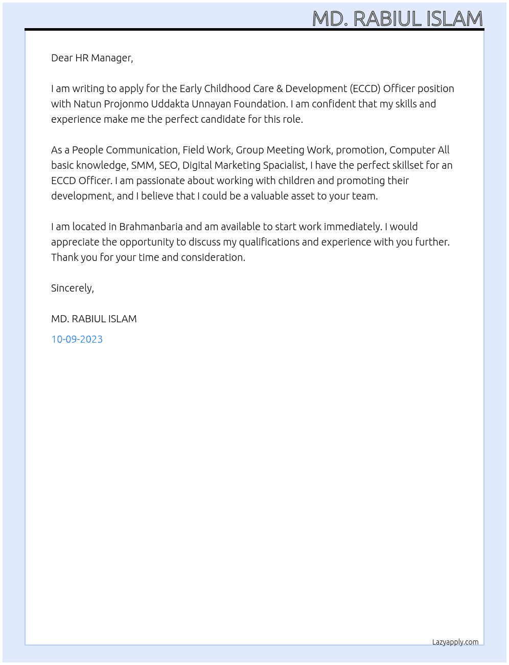 Early Childhood Care & Development (ECCD Officer) - Foreign Project At Natun Projonmo Uddakta Unnayan Foundation Cover Letter