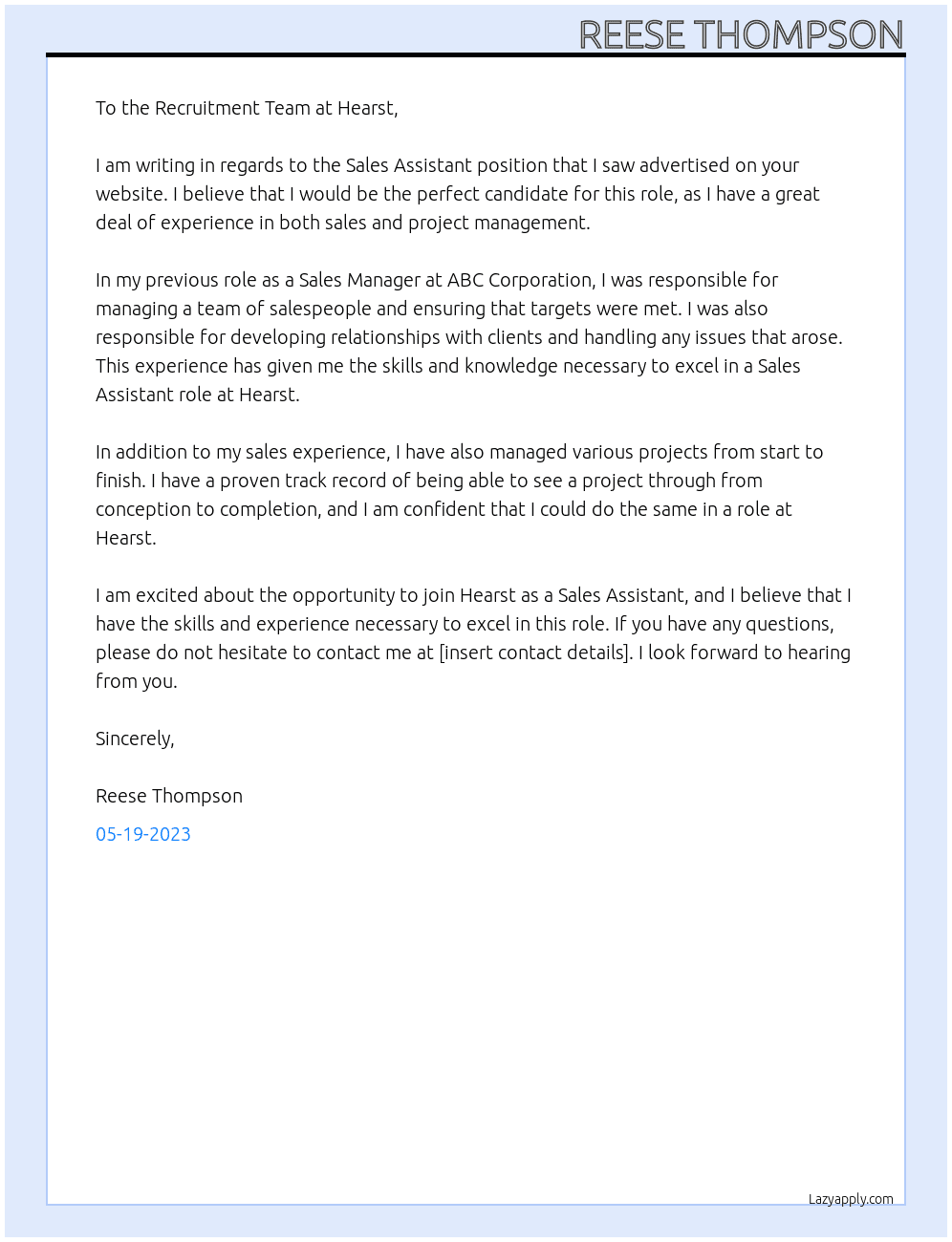 Sales Assistant At Hearst Cover Letter