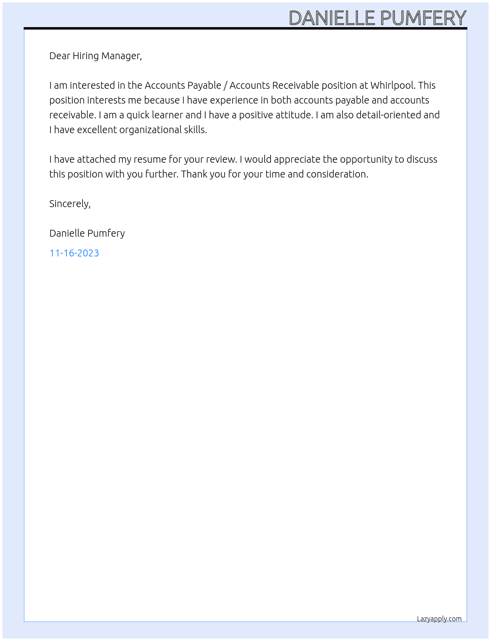 Accounts Payable / Accounts Receivable At Whirlpool  Cover Letter