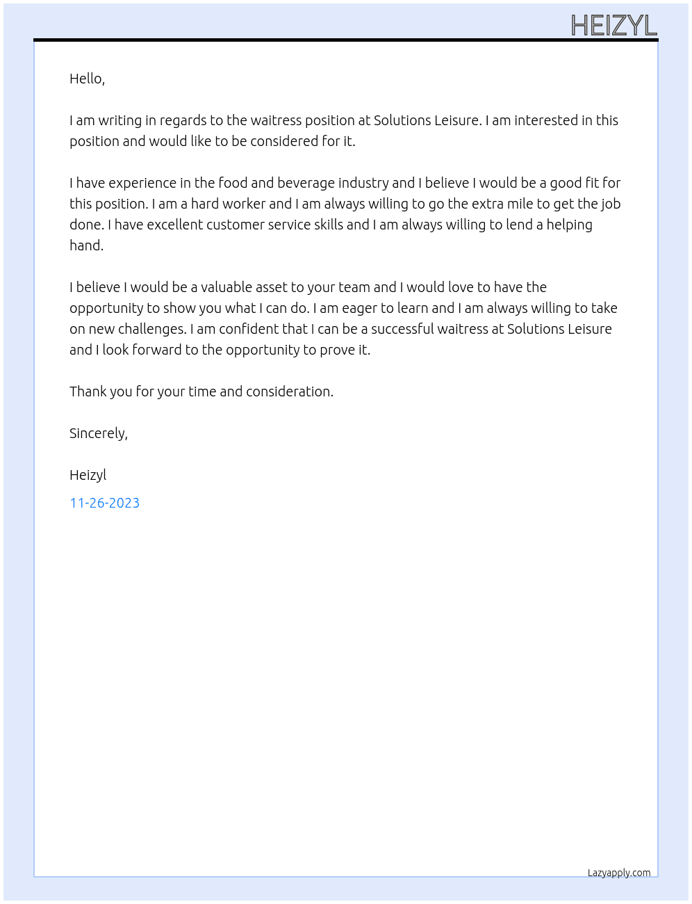waitress At solutions leisure Cover Letter