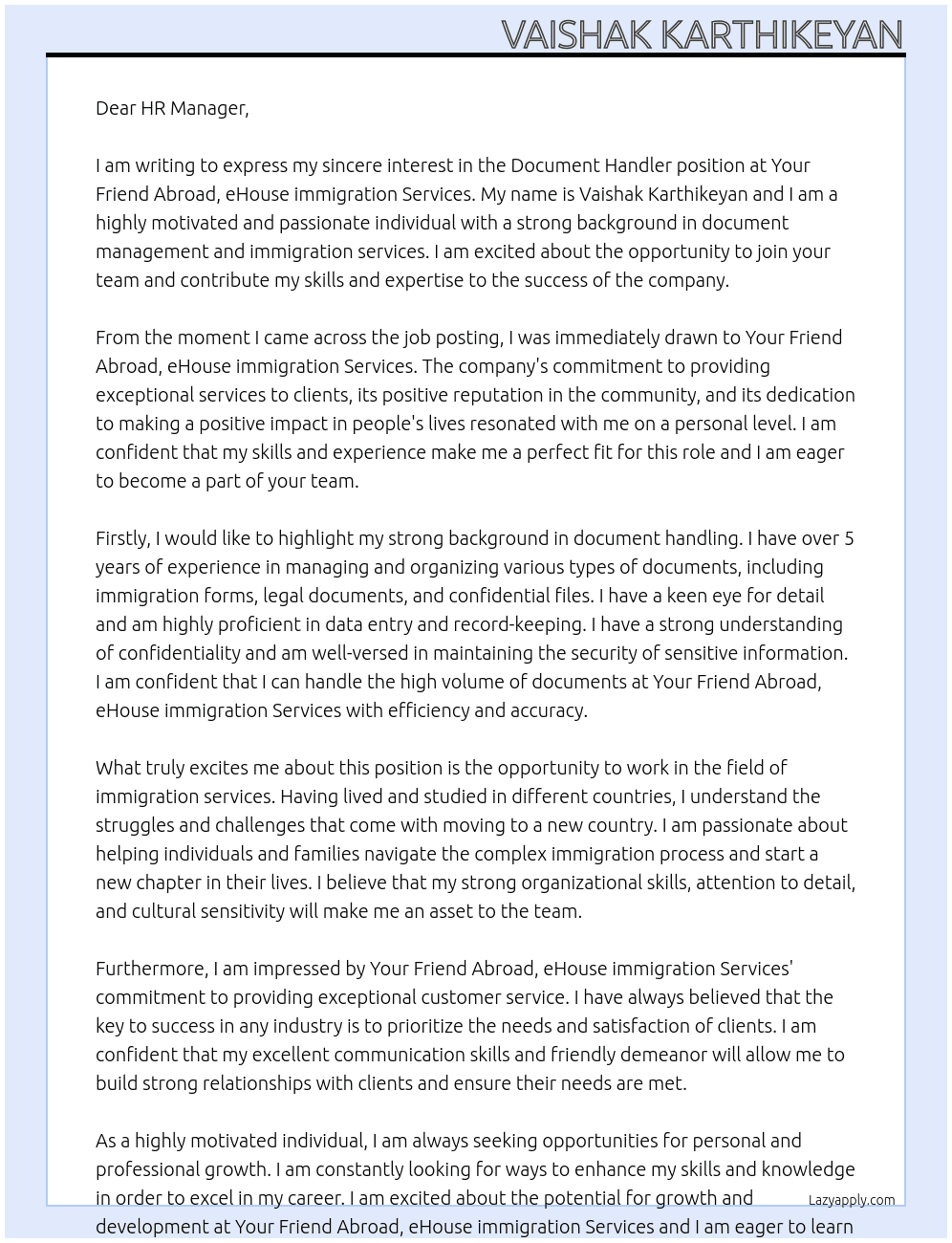 Document handler At Your Friend Abroad, eHouse immigration Services Cover Letter