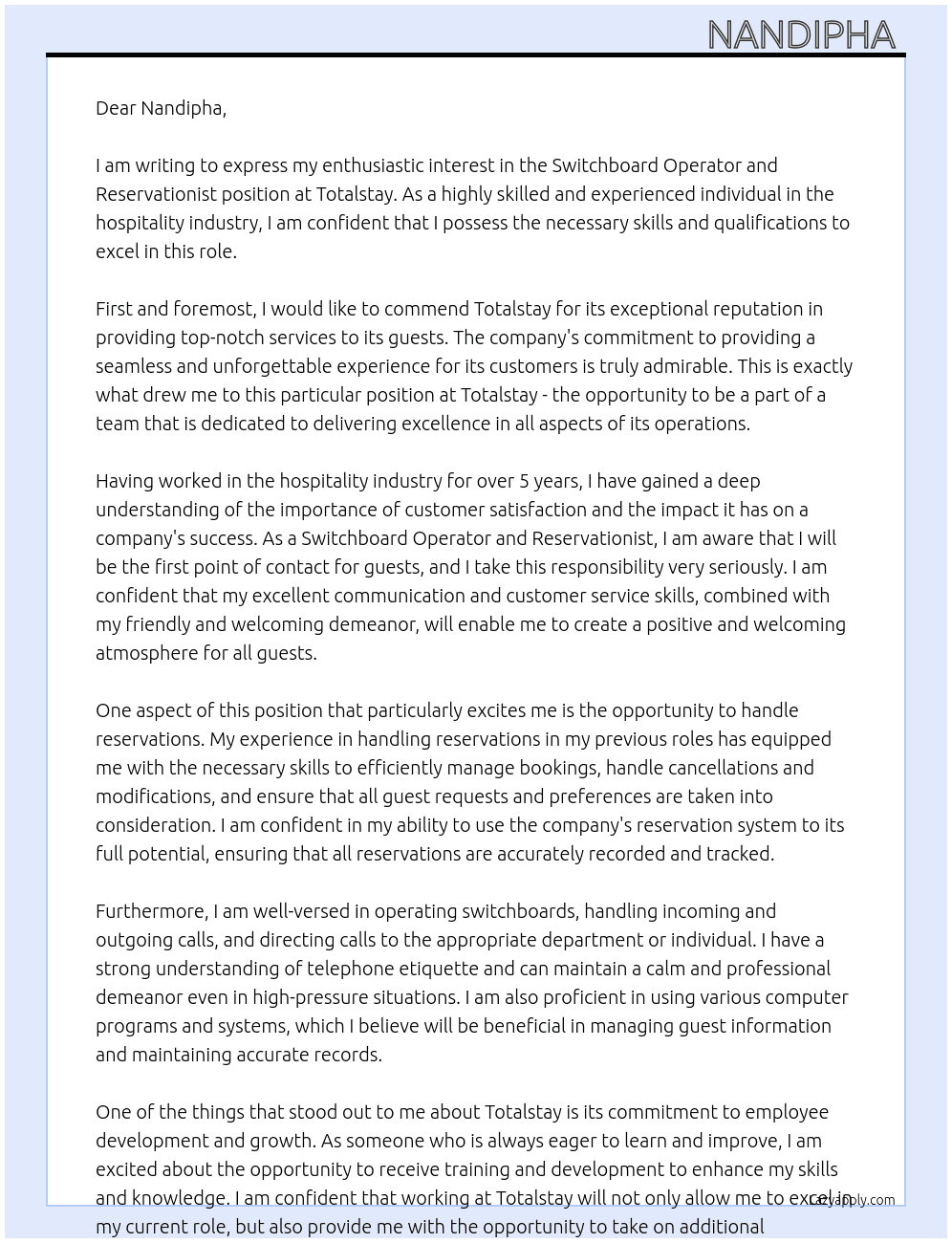 Switchboard operator and reservationist At Totalstay Cover Letter