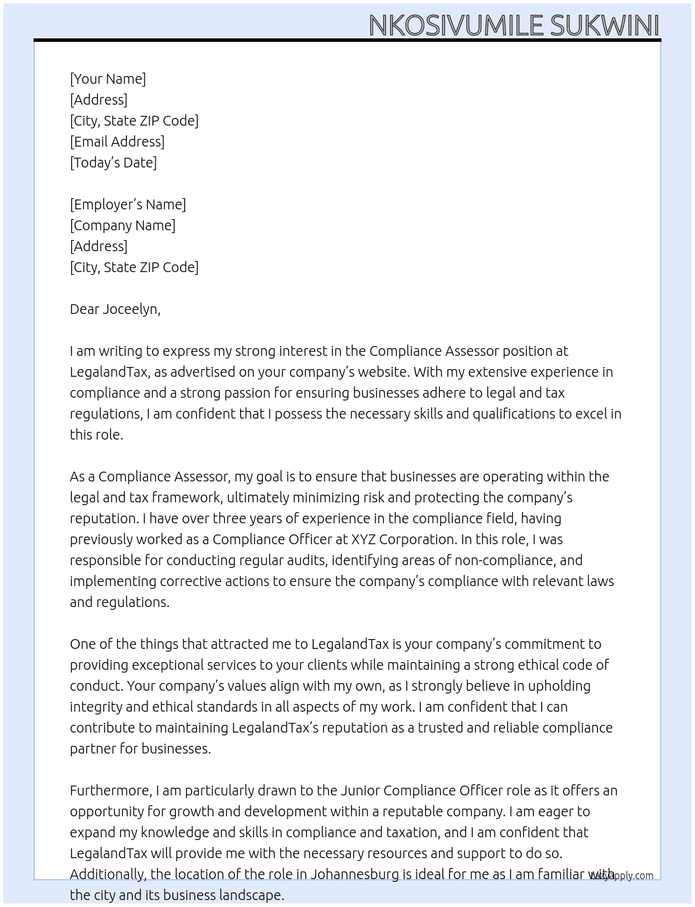 Compliance Assessor At LegalandTax Cover Letter