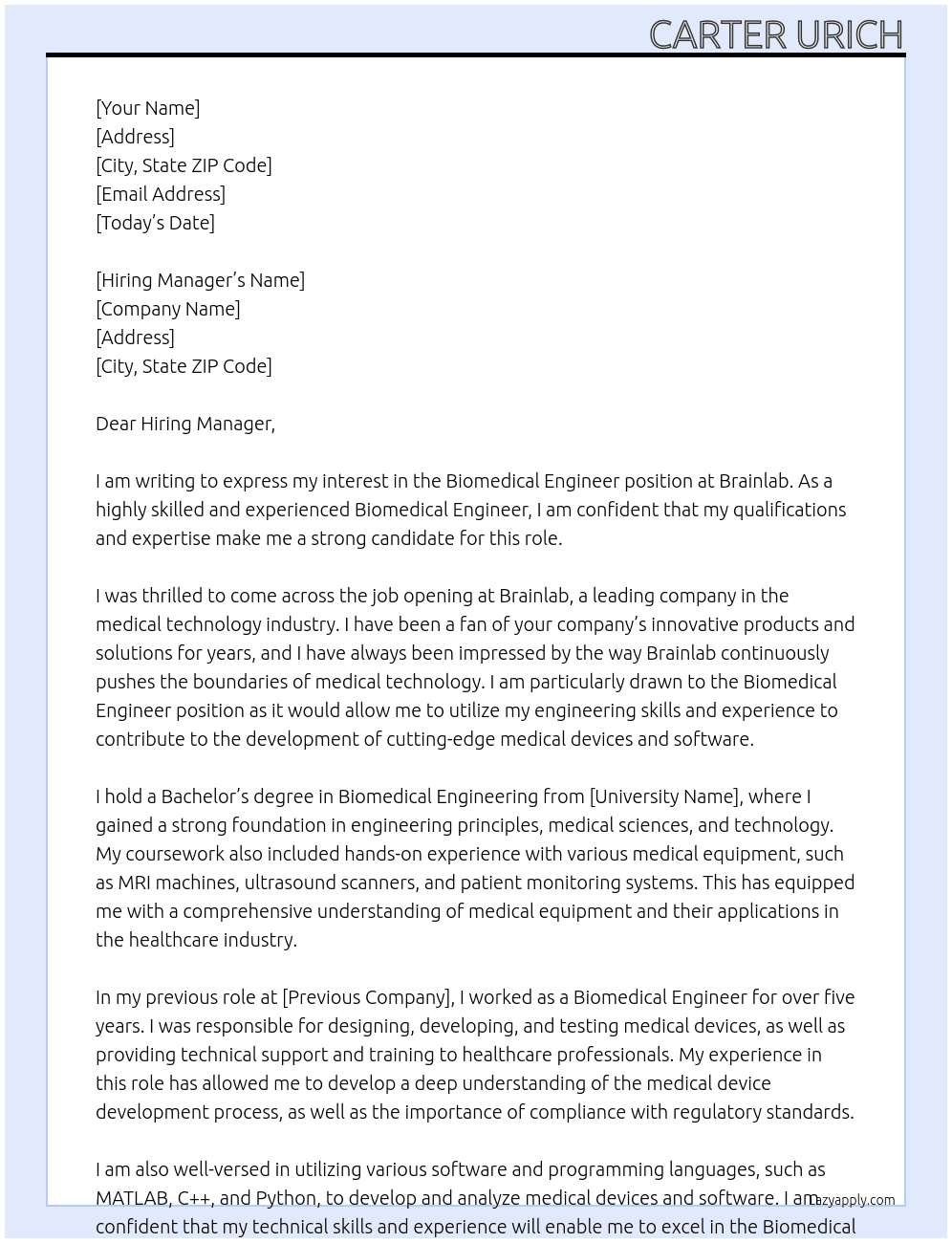 Biomedical Engineer At Brainlab Cover Letter