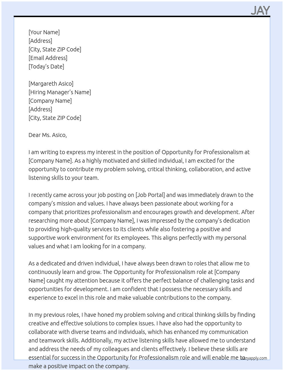 Cover letter for opportunity for professionalism - LazyApply