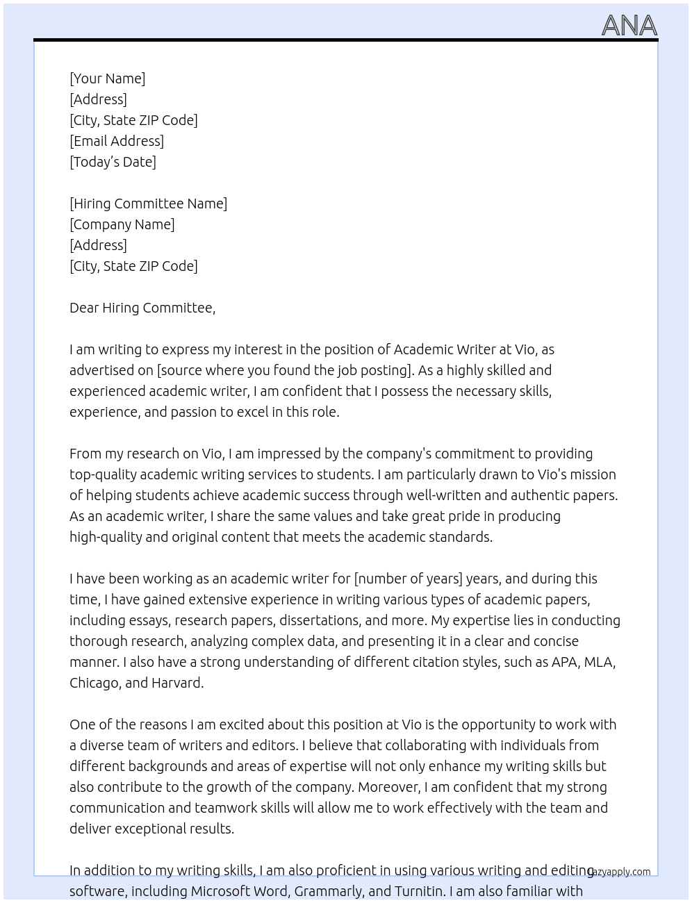 Academic writer  At 'Vio' Cover Letter