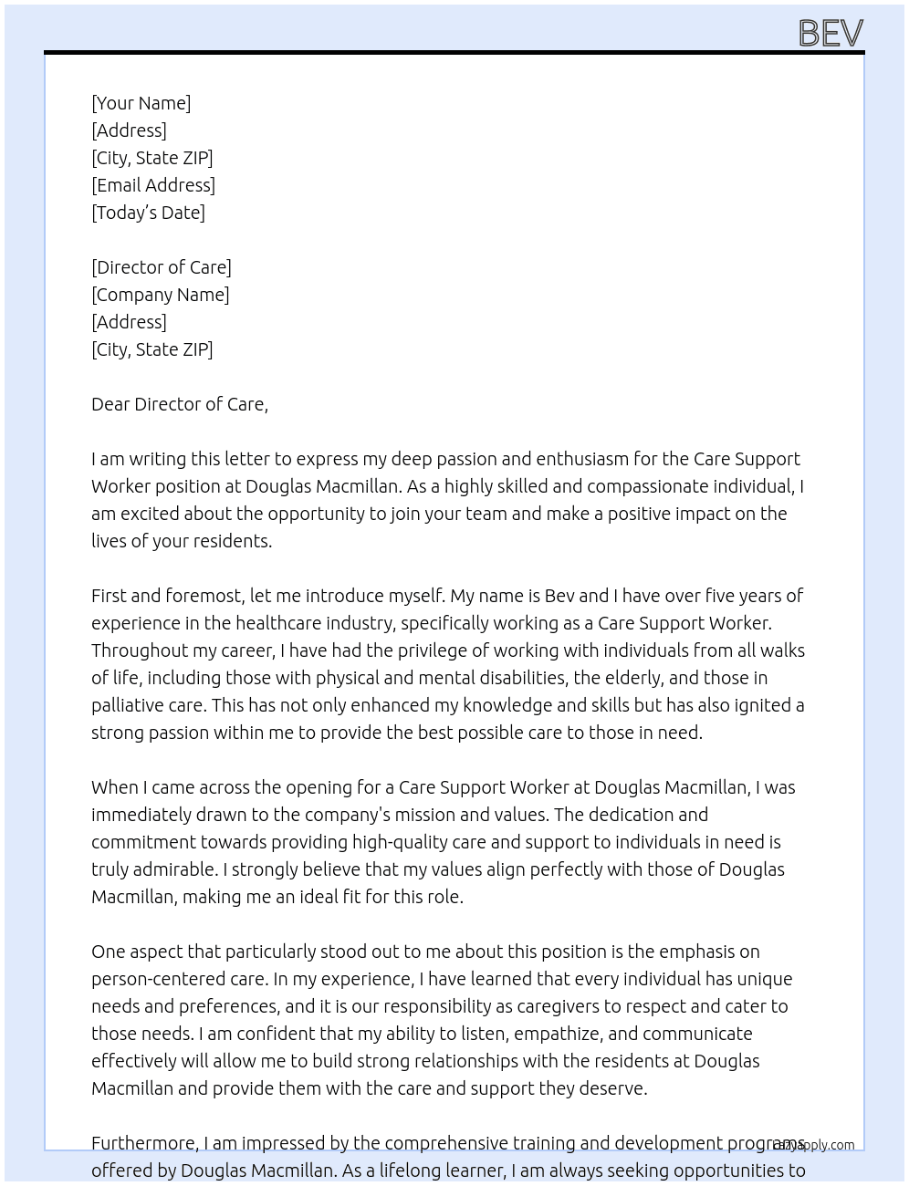 Care support worker At Douglas Macmillan Cover Letter