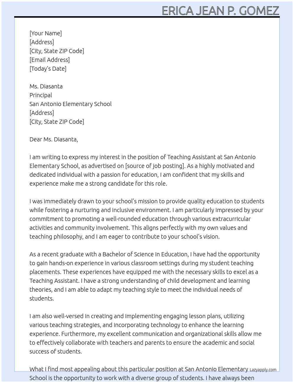Teaching assistant  At San Antonio Elementary School  Cover Letter
