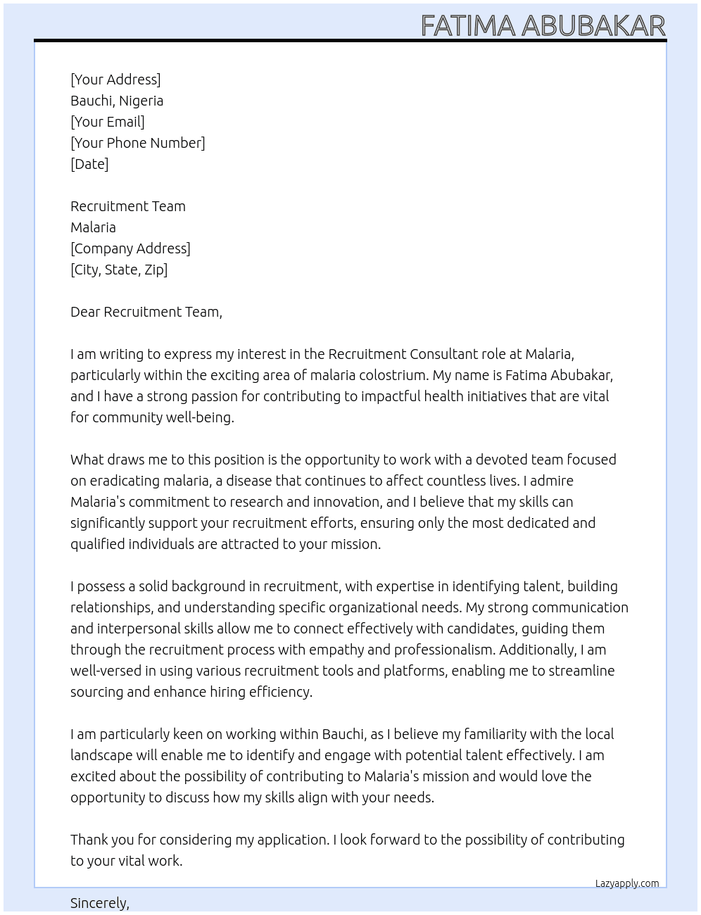 Recruitment of malaria colostrium  At Malaria Cover Letter