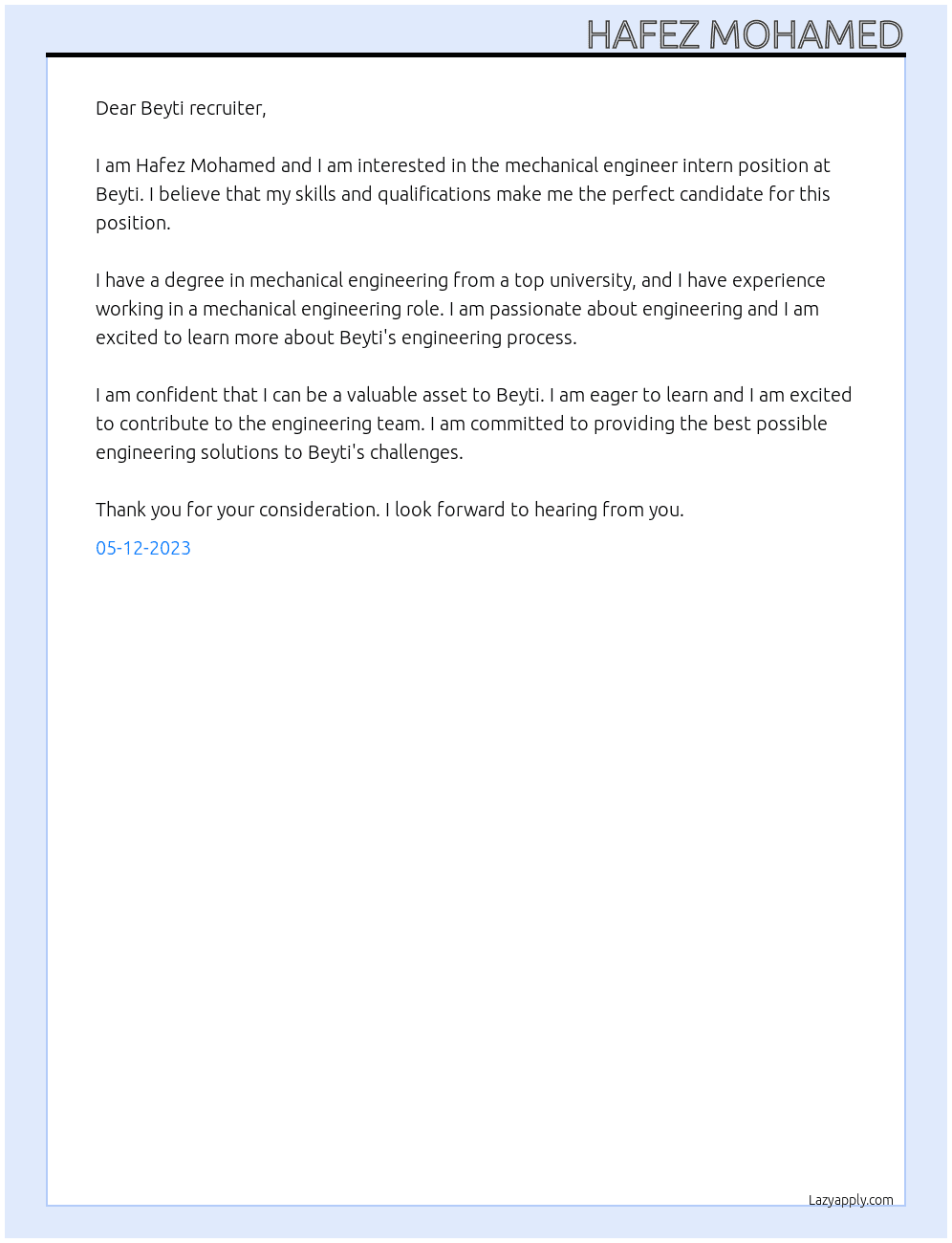 Mechanical engineer intern At Beyti Cover Letter
