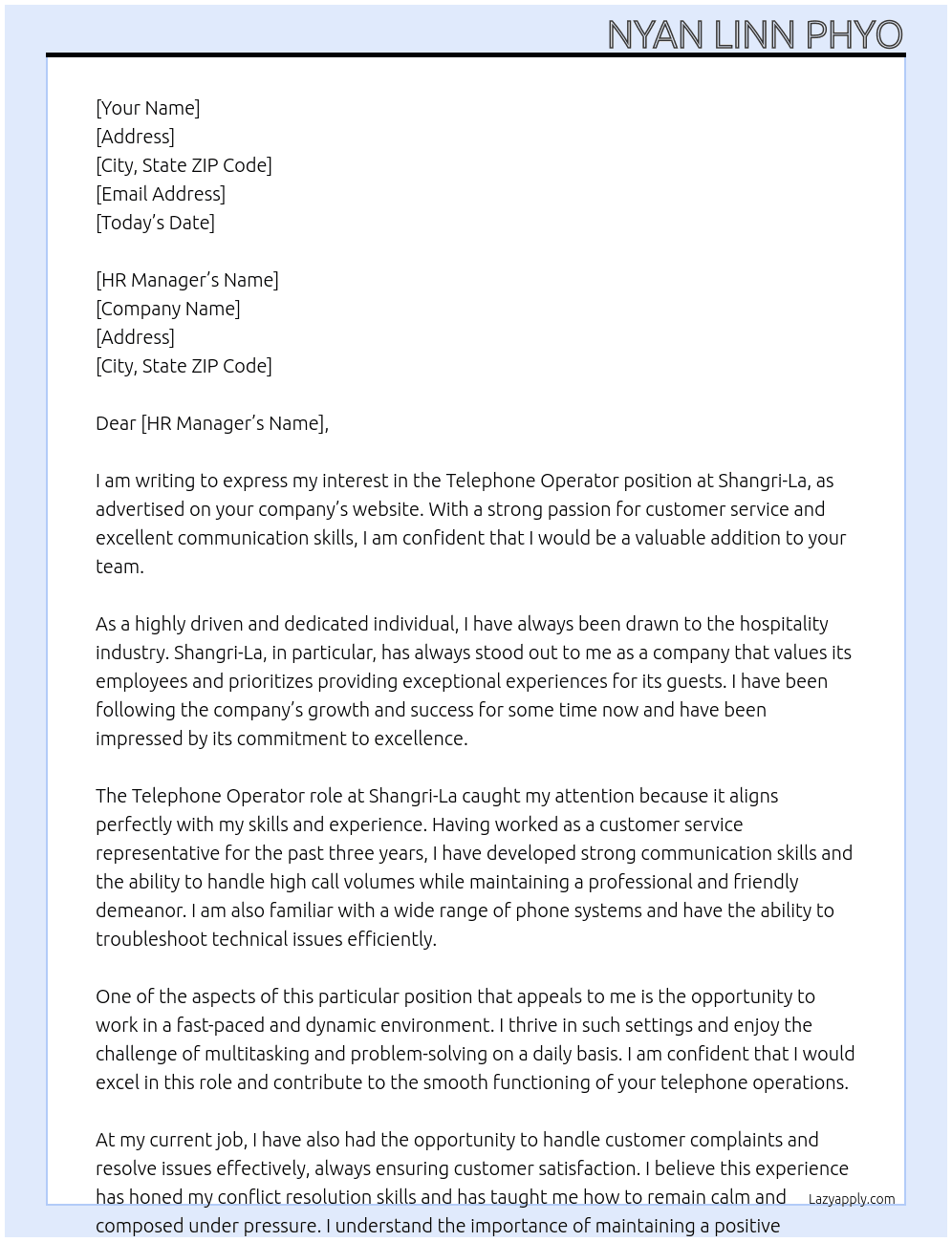 Telephone Operator At Shangri-La Cover Letter