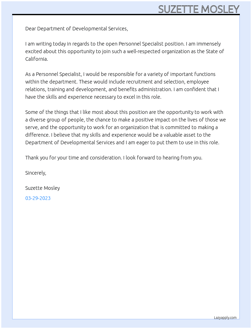 Personnel Specialist At State of California Cover Letter