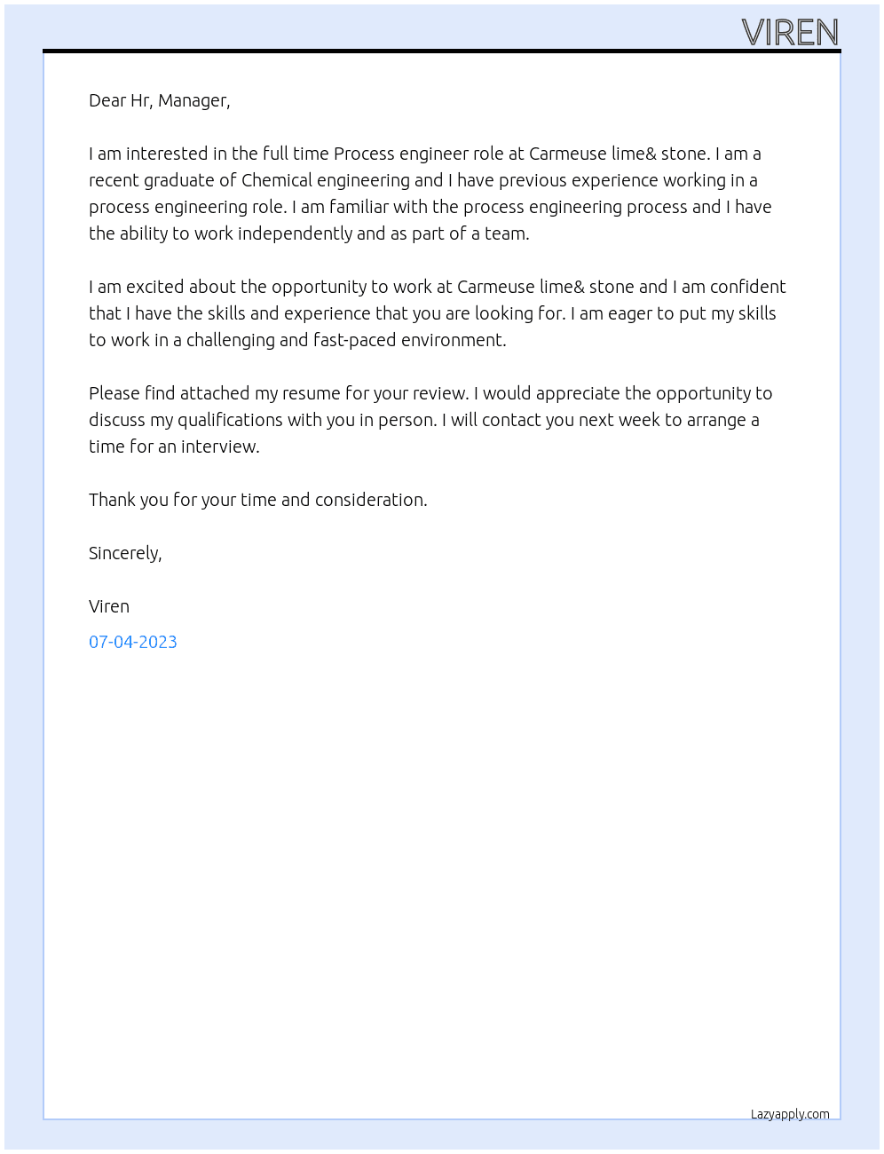 Process engineer At Carmeuse lime& stone Cover Letter