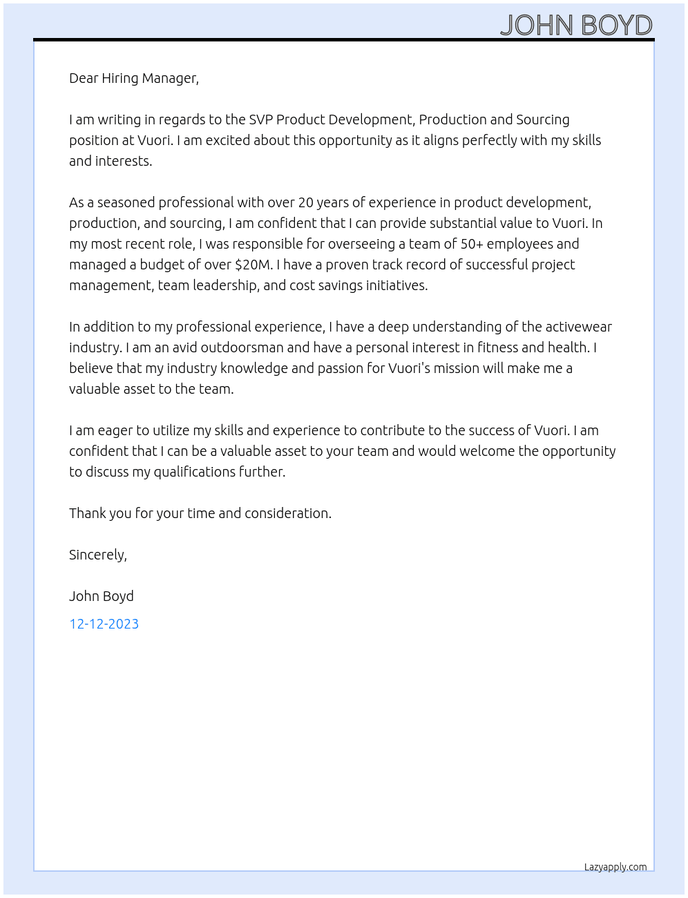 SVP Product Development, Production and Sourcing At Vuori Cover Letter