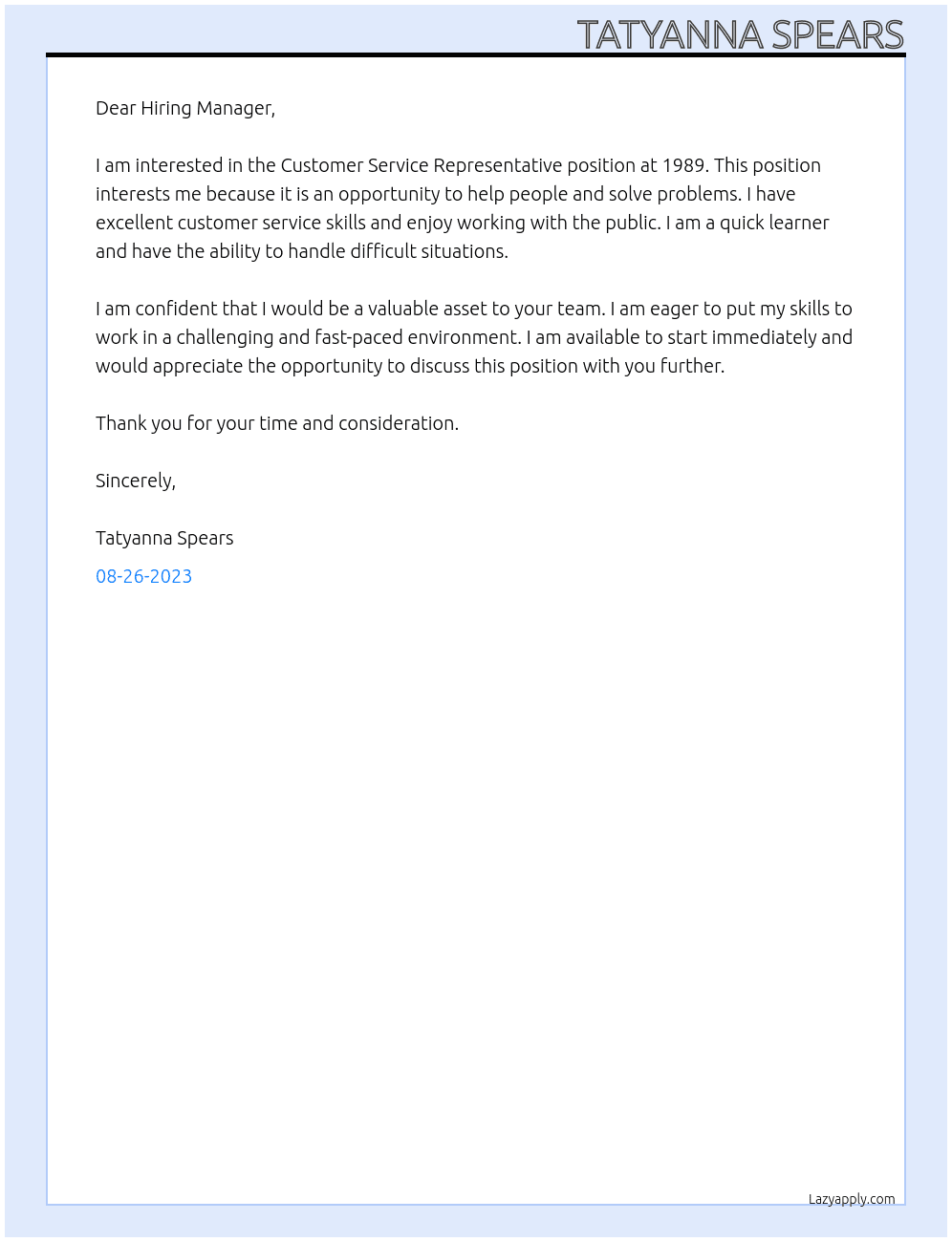 Customer Service Representative At 1989 Cover Letter