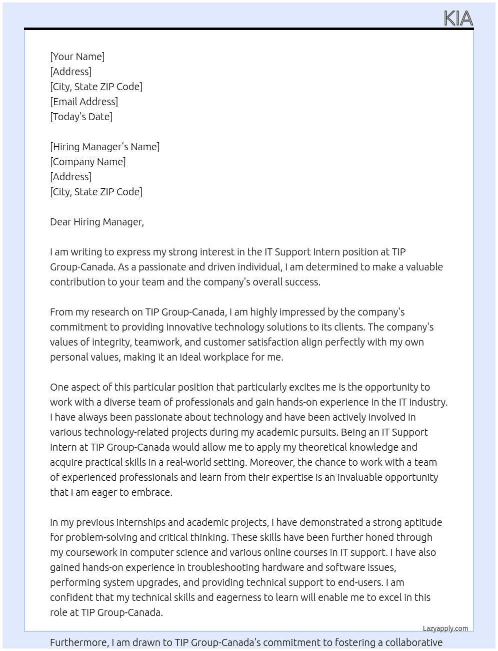 IT Support Intern At TIP Group-Canada Cover Letter