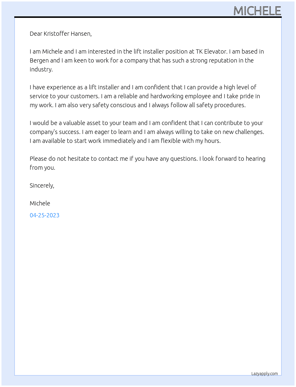 lift installer At TK ELEVATOR  Cover Letter
