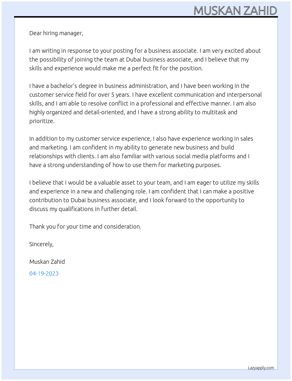 Business associate  At Dubai business associate  Cover Letter