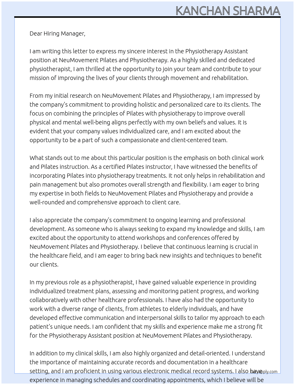Physiotherapy Assistant At NeuMovement Pilates and Physiotherapy  Cover Letter