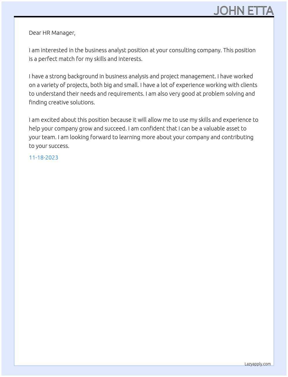 Business analyst At Consulting company Cover Letter